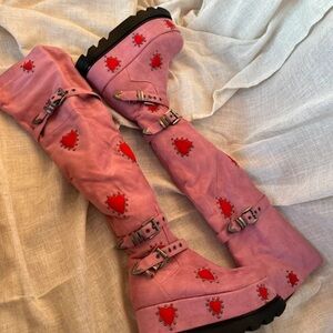 Pink Heart-Embellished Heeled Boots
